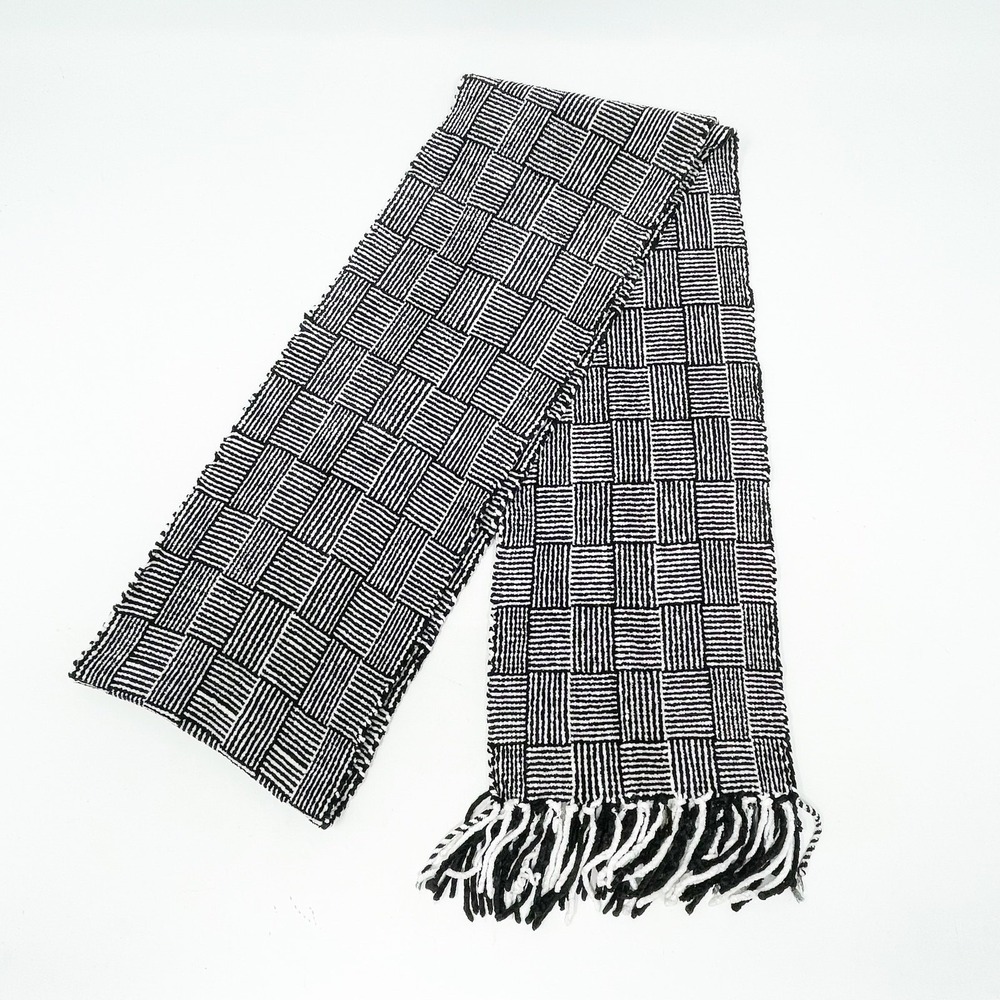 Modern Black White Chenille Fringe Scarf Checkerboard Stripe Geometric Soft